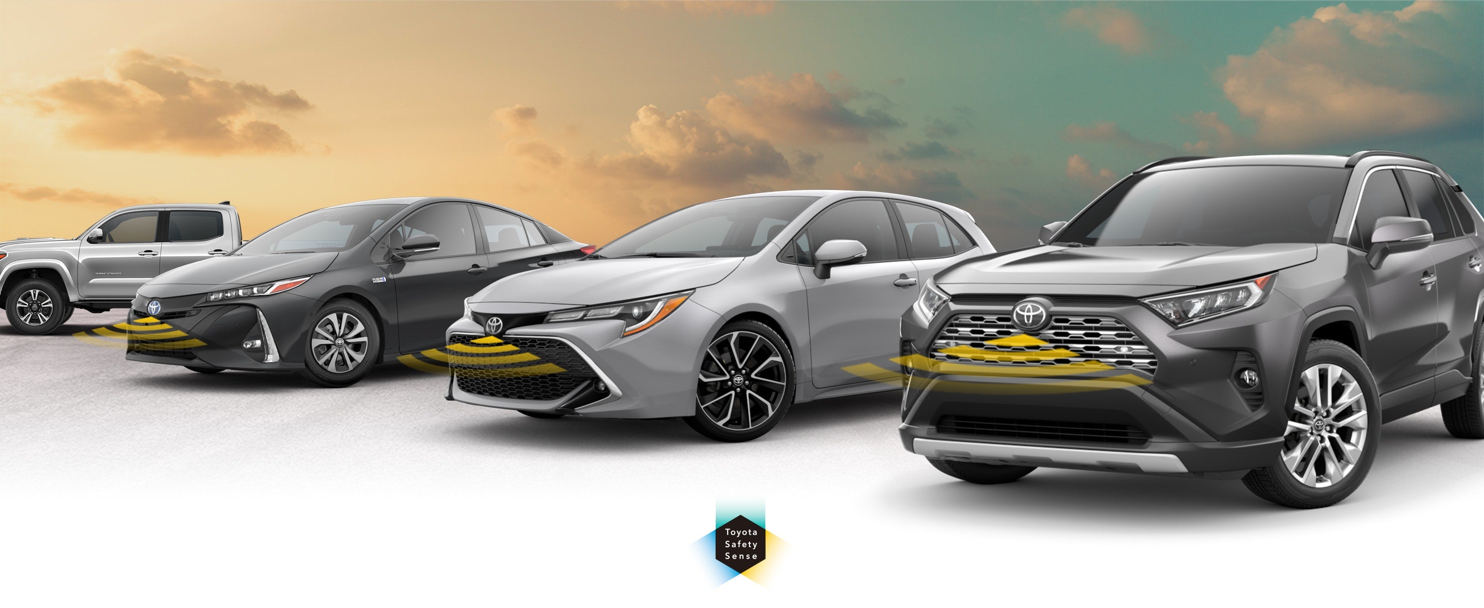 Toyota Safety Sense: Designed for Safety. Options shown on Toyota models including RAV4, Tacoma, and Camry, available now at Coad Toyota in Cape Girardeau MO.